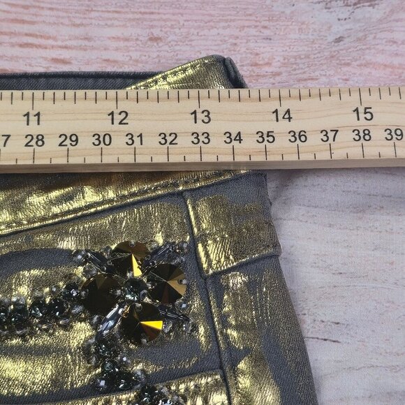 Gold Metallic Skinny Jeans With Rhinestone Embellishment By Døshe Women's Size 2 - Picture 7 of 9